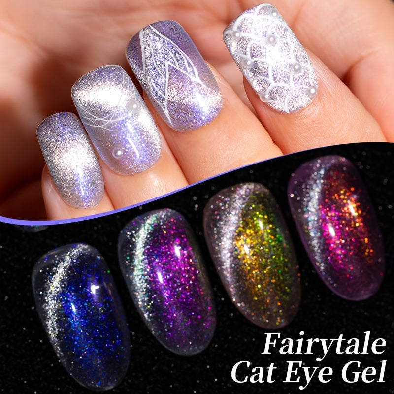 PUENTE 6pcs Fairytale Cat Magnetic Gel Nail Polish with Base Top Coat & Magnet Set, Sparking Aurora Glitter Cat Eye Nail Gel