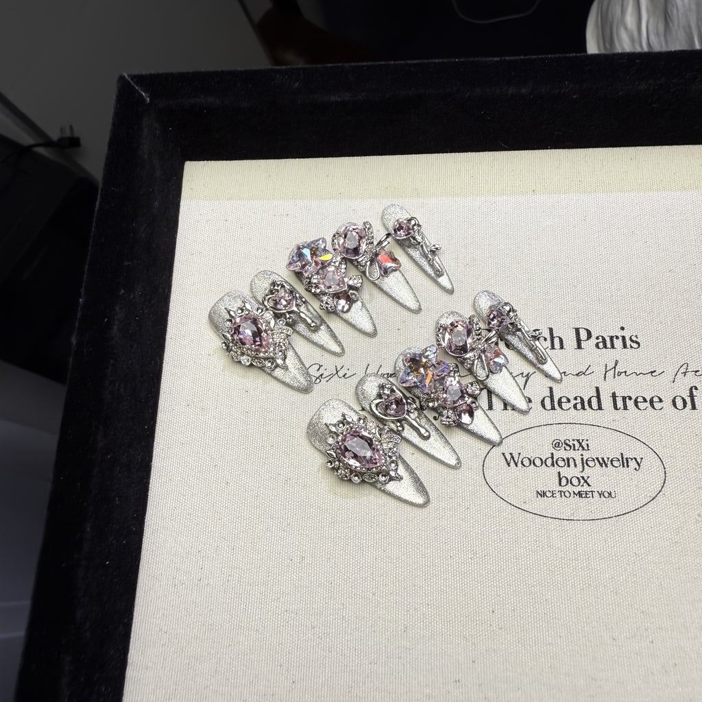 A Set of 10 High-End, Transparent Black And Silvery Cat-Eye Long Nail Tips Made with Pure Handcraft