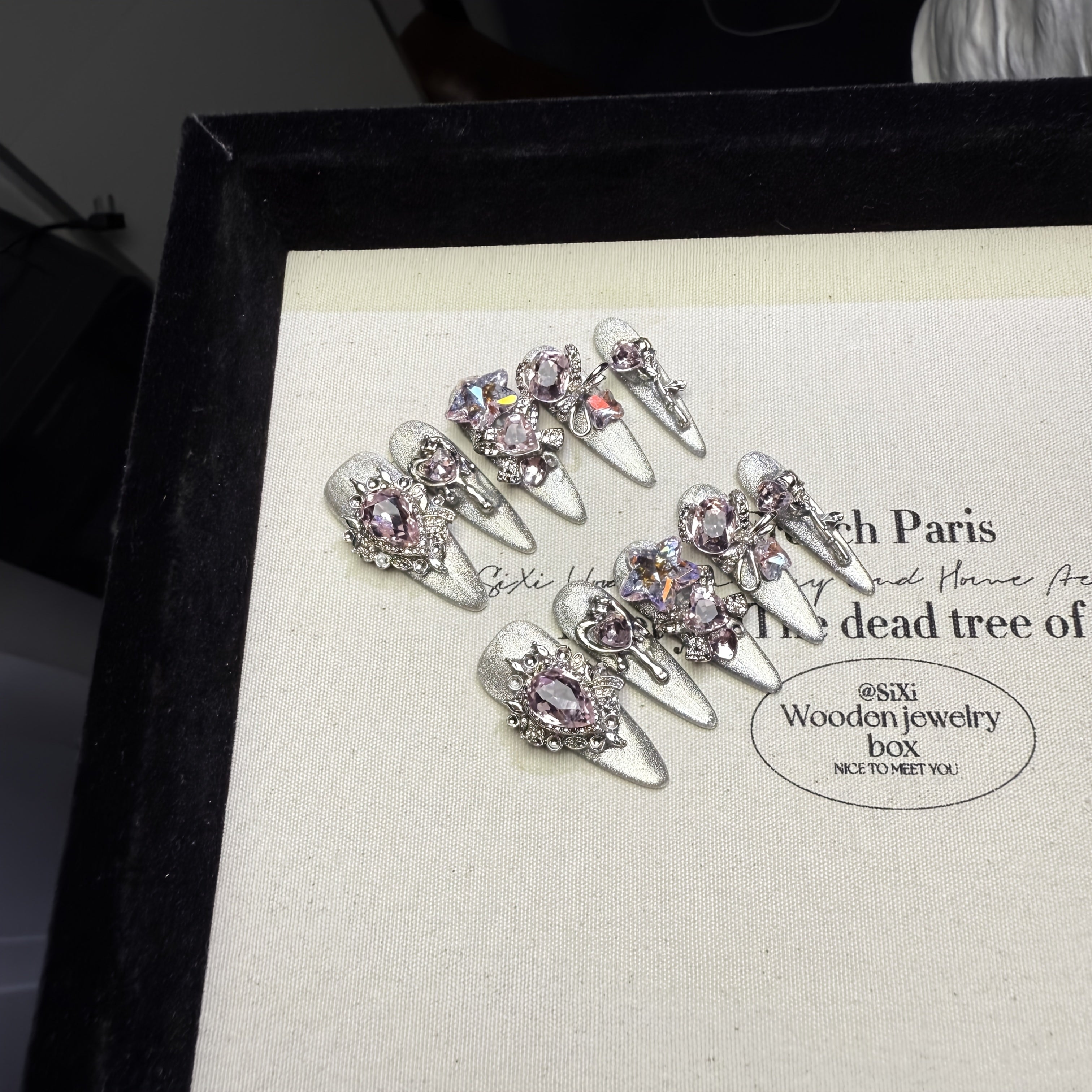 A Set of 10 High-End, Transparent Black And Silvery Cat-Eye Long Nail Tips Made with Pure Handcraft