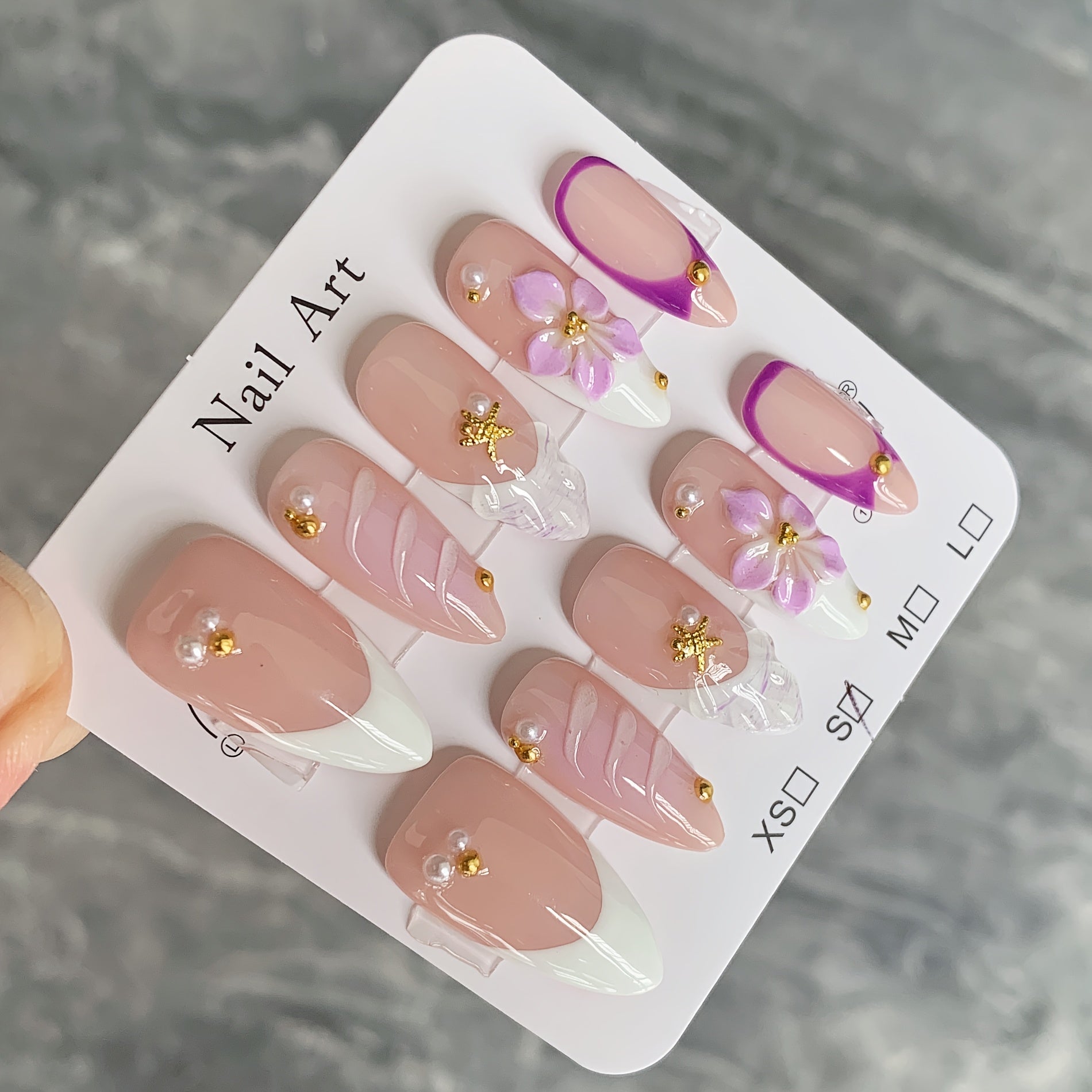 10pcs Temperament Purple Carved Pure Hand Wearable Nail Painted Shell Pattern Nail Patches, Reusable