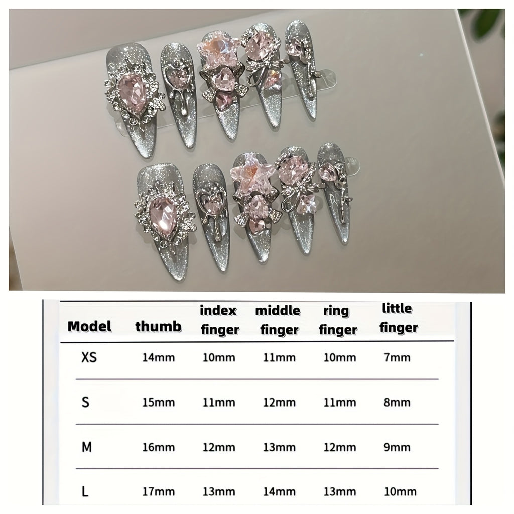 A Set of 10 High-End, Transparent Black And Silvery Cat-Eye Long Nail Tips Made with Pure Handcraft