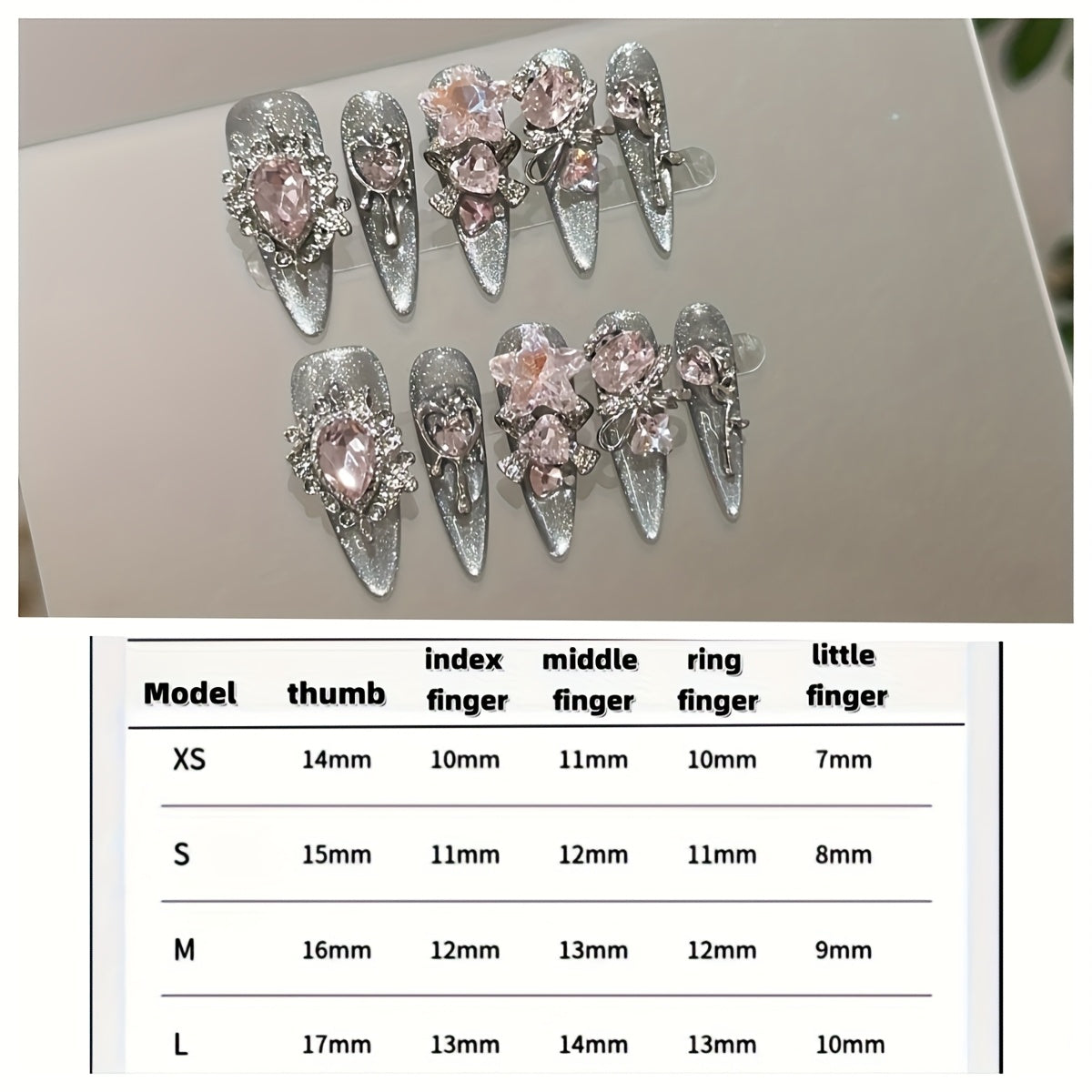 A Set of 10 High-End, Transparent Black And Silvery Cat-Eye Long Nail Tips Made with Pure Handcraft