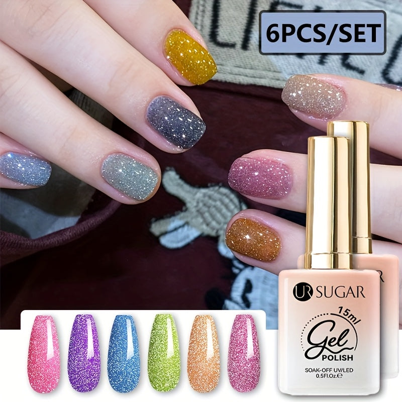 0.51oz UR SUGAR 6pcs Glitter Gel Nail Polish Set - Chunky Glitter Polygel with Iridescent Shimmer, Summer Neon Ice Cream Colors