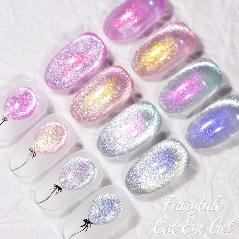 PUENTE 6pcs Fairytale Cat Magnetic Gel Nail Polish with Base Top Coat & Magnet Set, Sparking Aurora Glitter Cat Eye Nail Gel
