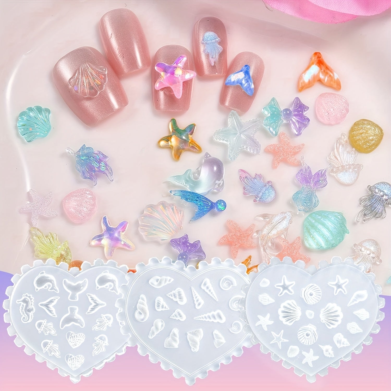 6pcs 3D Nail Art Molds, Clear Ocean Silicone Nail Molds Art Silicone Mold with 103 Sea Charm Resin Seahorse Template Mould