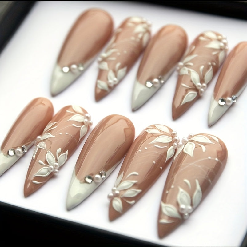 10pcs Set of Pure Handmade Wearable Nails That Can Be Reused Multiple Times, Elegant White Nude Color French Nail Art