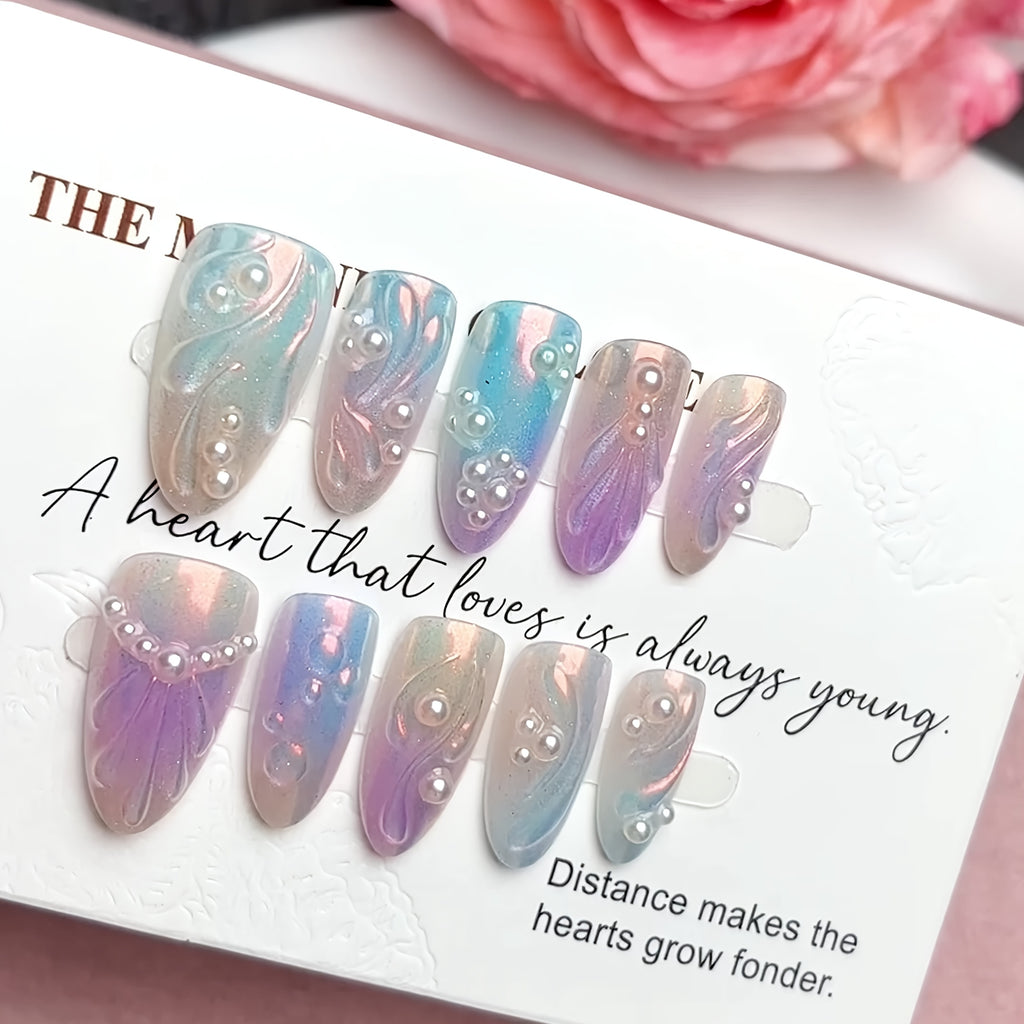 Ballet Mermaid Glam 10pcs Ballet Mermaid Glam Press-On Nails | Pastel Purple\u002FPink\u002FBlue\u002FWhite