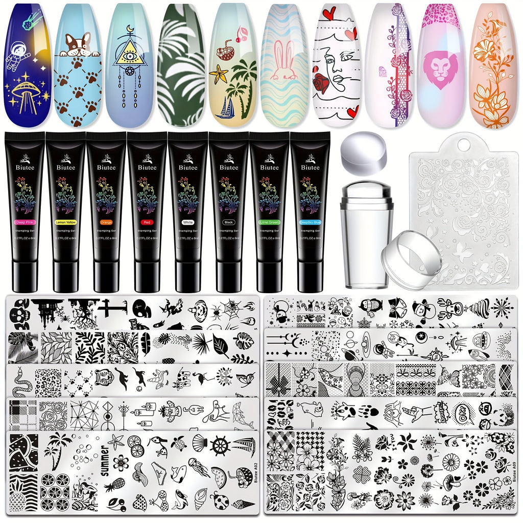Biutee Nail Stamping Plates With 8 Colors Nail Stamping Polish Gel 10PCS Nail Stamp Plates Nail Stamper Christmas Starry Sky Lace Flower Leaves Animal Nail Stamping Kit Halloween Nail Design