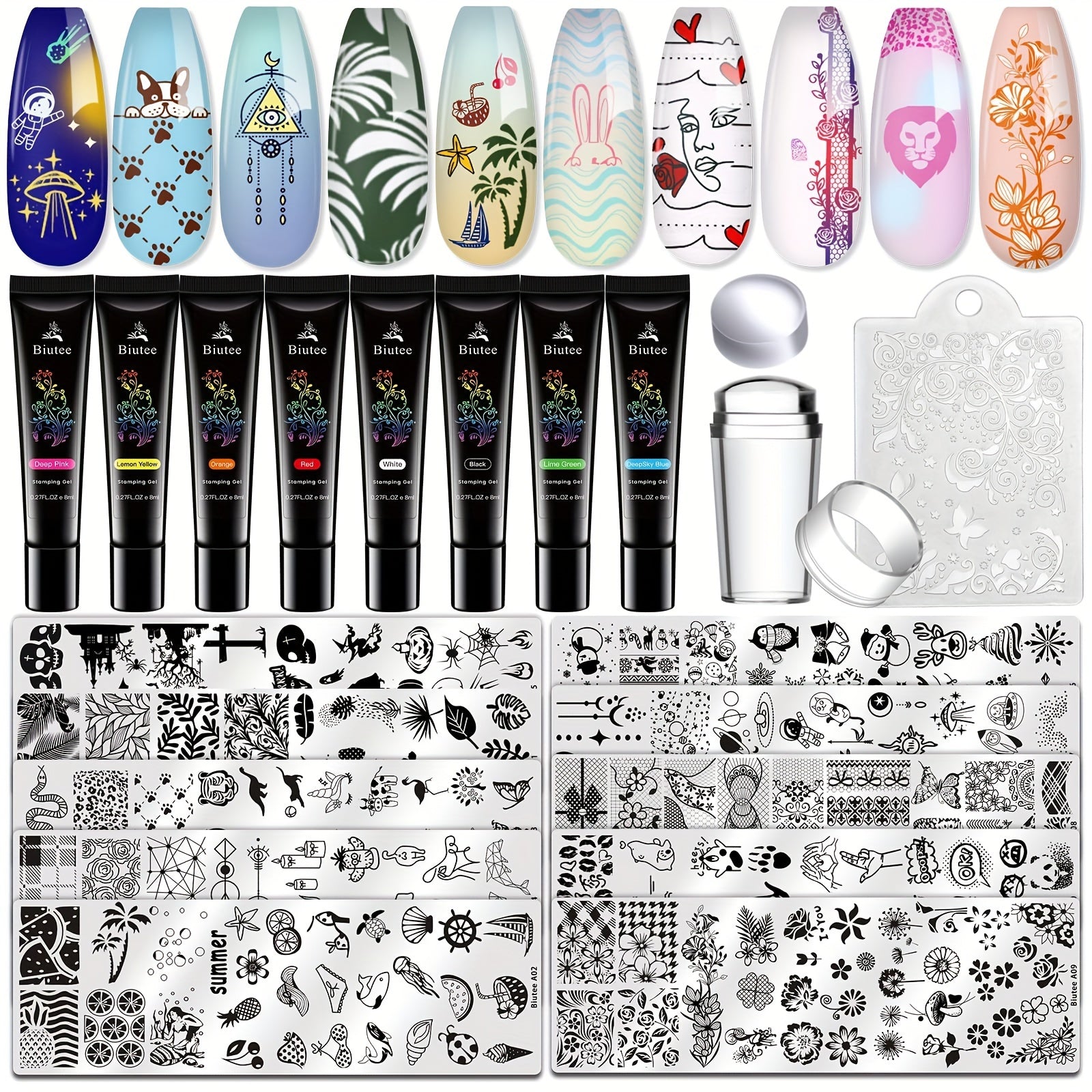 Biutee Nail Stamping Plates With 8 Colors Nail Stamping Polish Gel 10PCS Nail Stamp Plates Nail Stamper Christmas Starry Sky Lace Flower Leaves Animal Nail Stamping Kit Halloween Nail Design