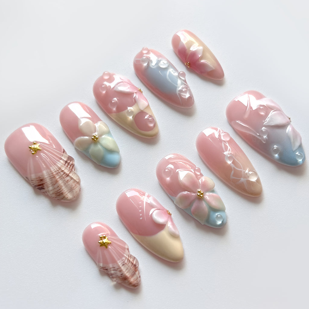10pcs 3D Handmade Press On Nails Almond Shape - Summer Vacation Floral Design with Pink & Blue Ombre Glossy Finish