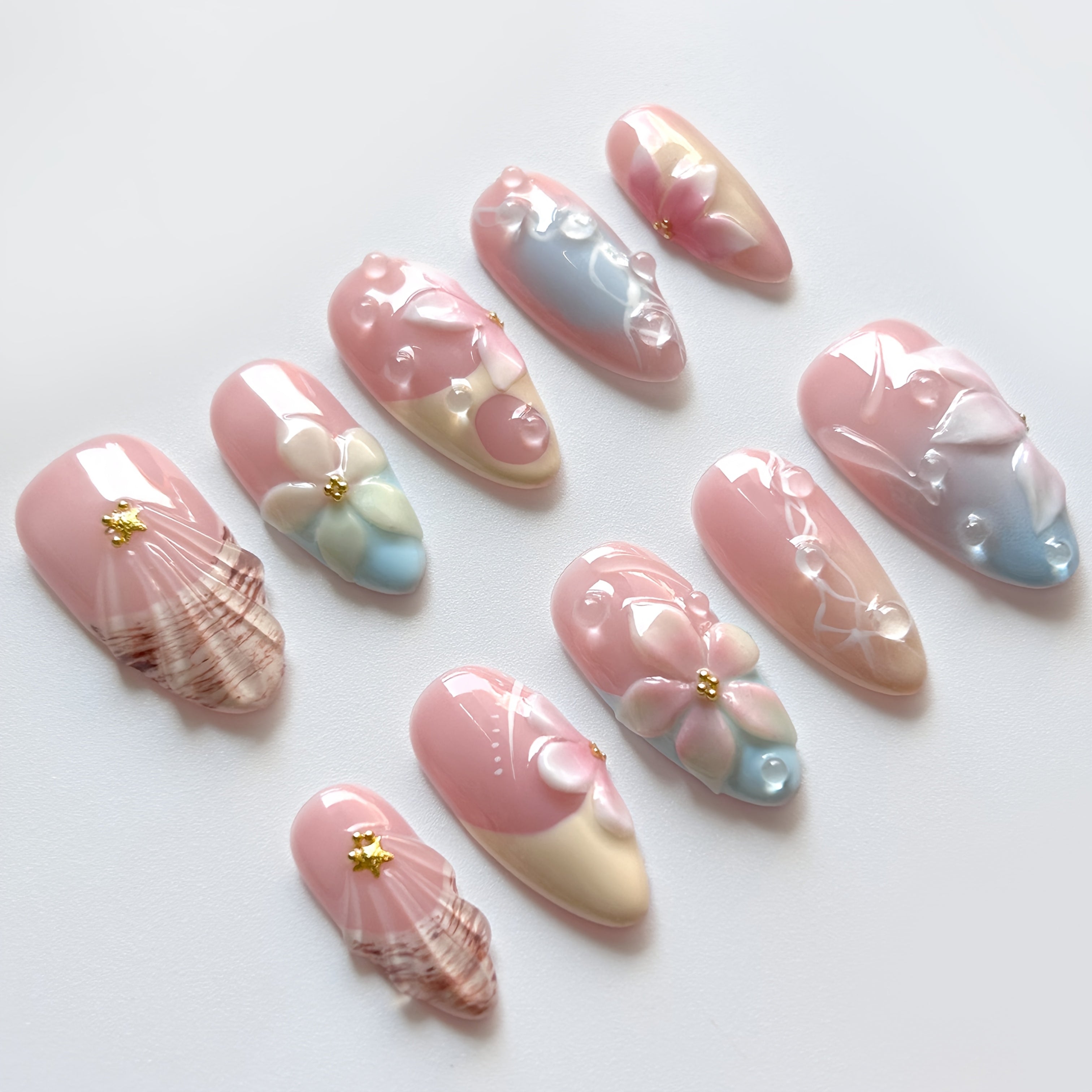 10pcs 3D Handmade Press On Nails Almond Shape - Summer Vacation Floral Design with Pink & Blue Ombre Glossy Finish