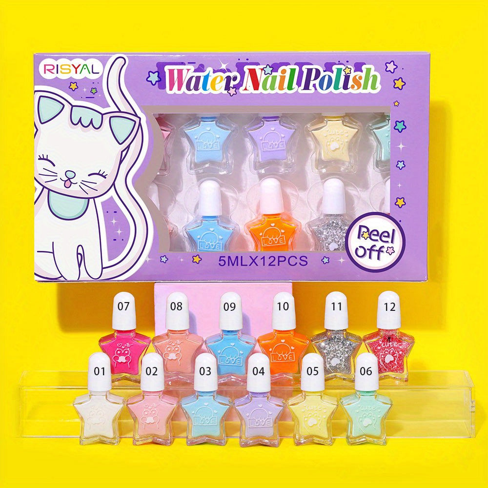 RISYAL 12pcs Wish Star Nail Polish Set - Macaron Candy Colors, Water-Based Removable Gel Polish