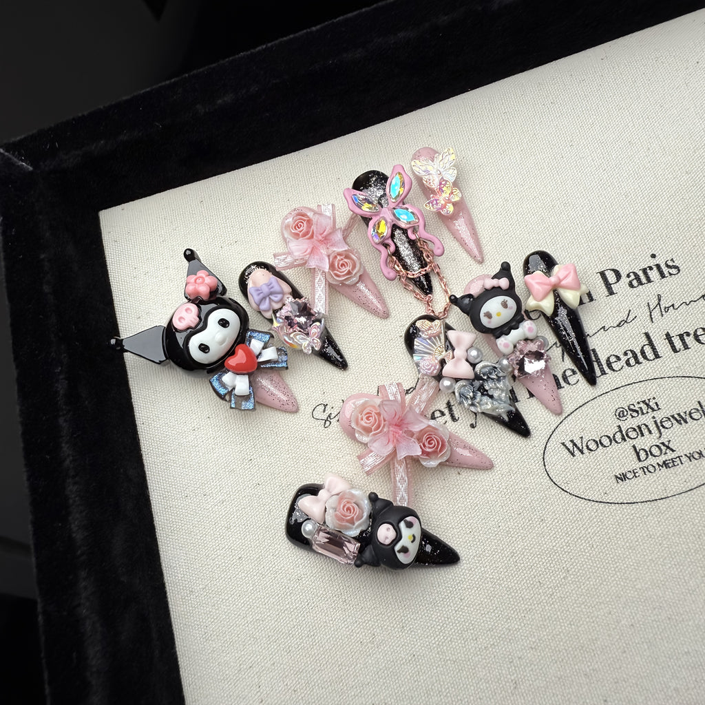 Sanrio New for kuromi 6.0 10pcs of Pure Handmade Wearable Nails, Full of And Flashes, Long Nail Art Fake Nail Patches