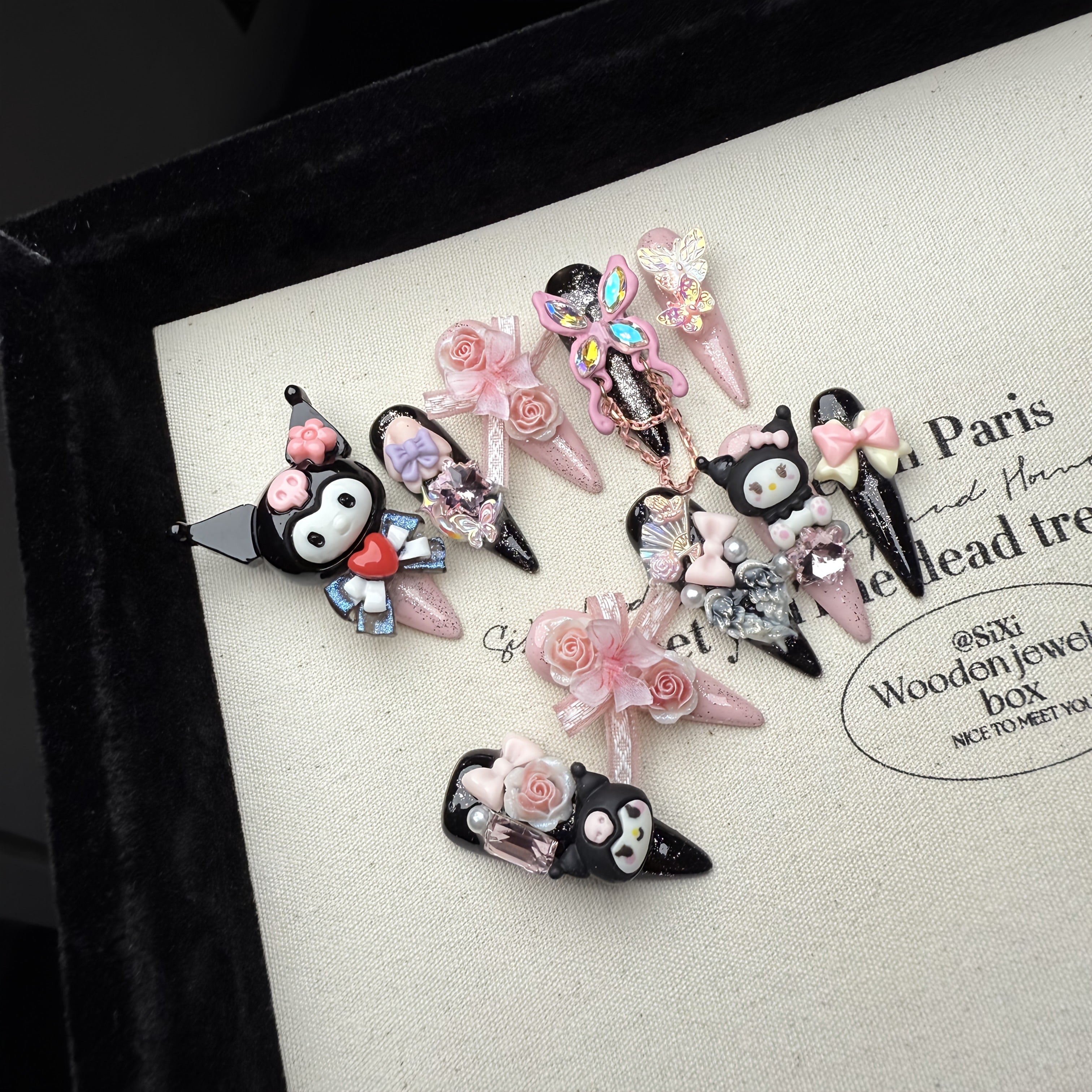 Sanrio New for kuromi 6.0 10pcs of Pure Handmade Wearable Nails, Full of And Flashes, Long Nail Art Fake Nail Patches