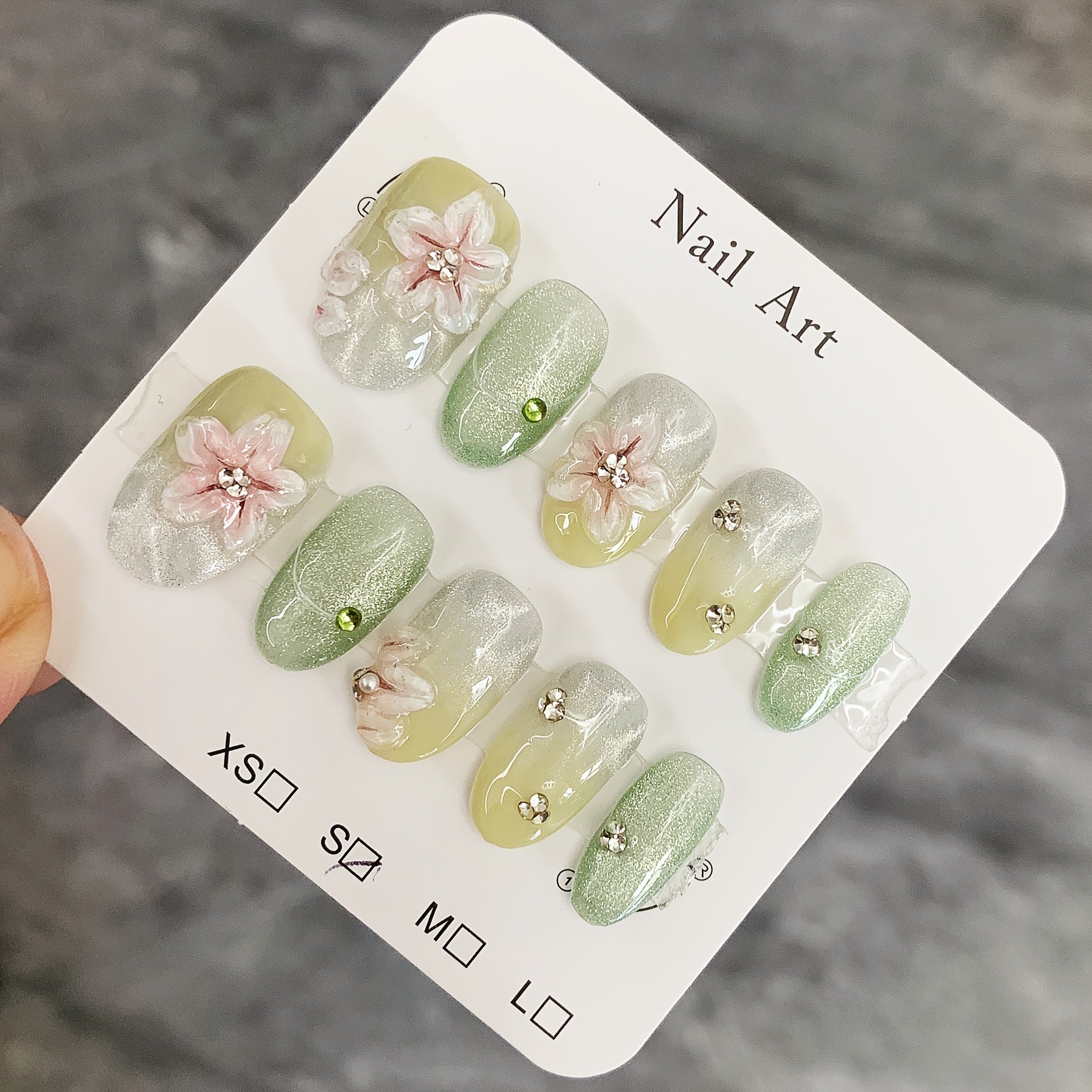 3D Floral Press-On Nails 10pcs Handmade Press-On Nails | Mint Green to Yellow Gradient with 3D Floral Design