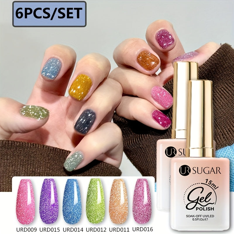 0.51oz UR SUGAR 6pcs Glitter Gel Nail Polish Set - Chunky Glitter Polygel with Iridescent Shimmer, Summer Neon Ice Cream Colors