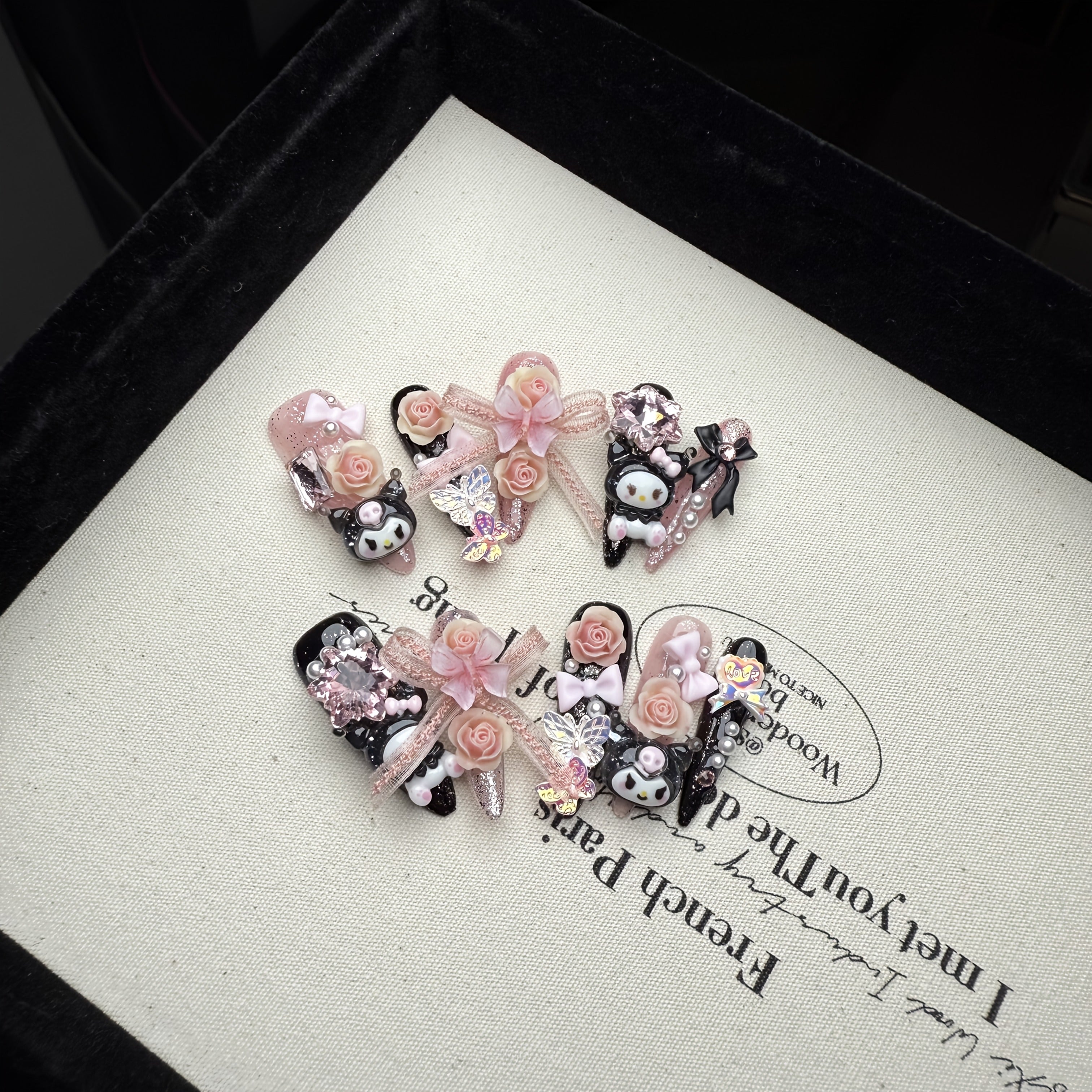 Sanrio for kuromi Long Press-On Nails - 10pcs Almond Shape Glossy Black & Pink Floral & Cartoon Design with Rose Bows