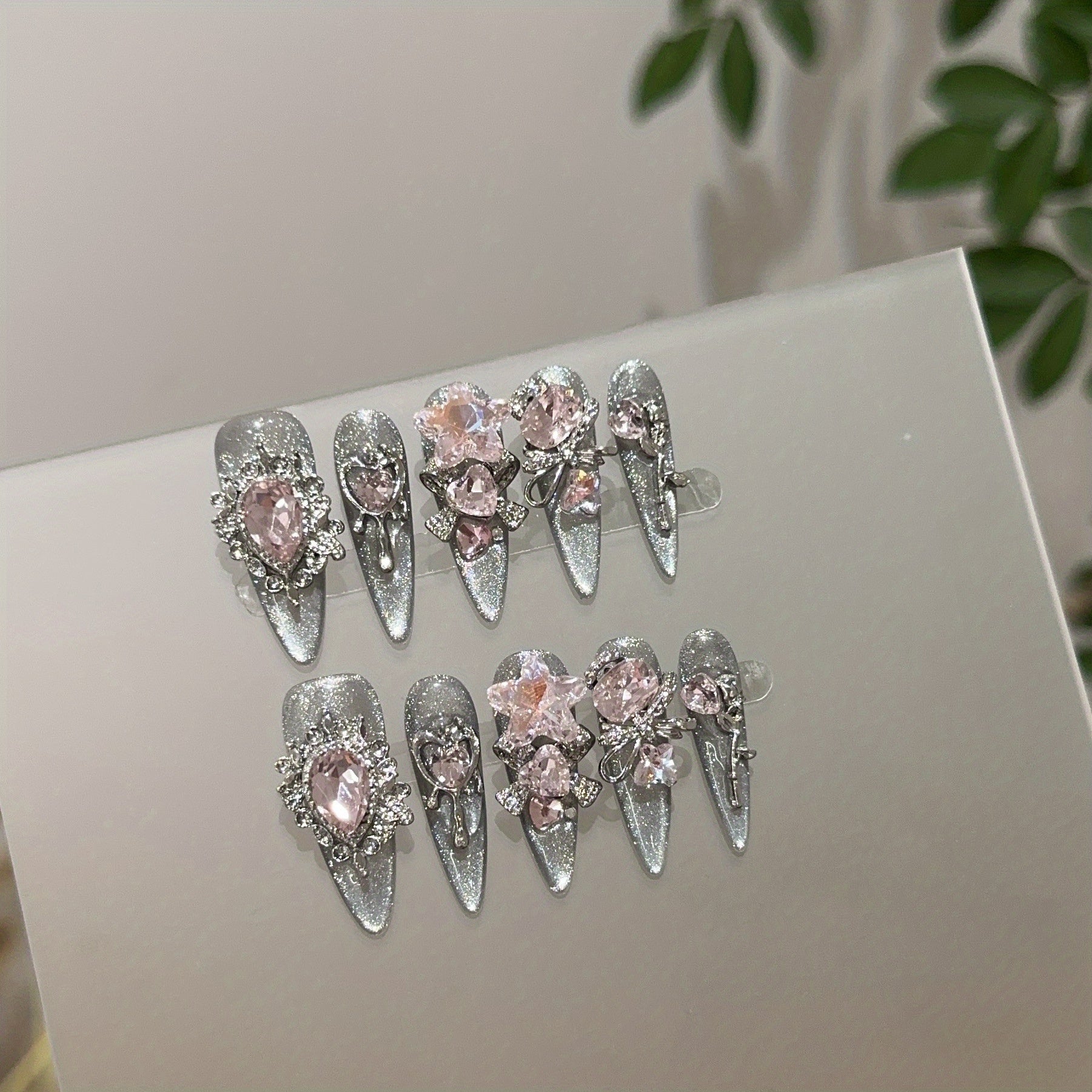 A Set of 10 High-End, Transparent Black And Silvery Cat-Eye Long Nail Tips Made with Pure Handcraft