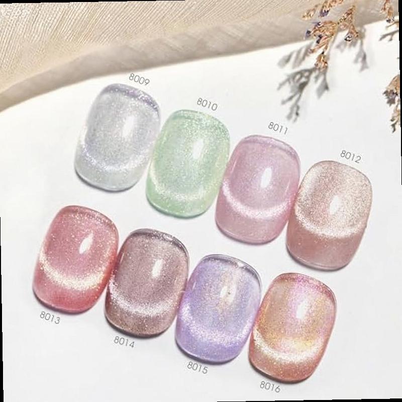 CANNI 8 Pcs 9 ML Cat Eye Gel Nail Polish Set Pink Green Purple Silver Glitter Rainbow Holographic Cat Eye Gel Polish Kit with Magnet Shimmer Colors Nail Art Manicure Salon DIY Gifts
