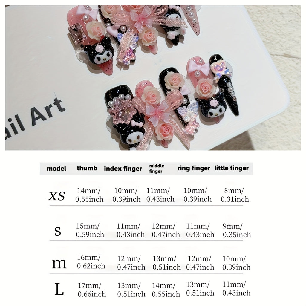 Sanrio for kuromi Long Press-On Nails - 10pcs Almond Shape Glossy Black & Pink Floral & Cartoon Design with Rose Bows