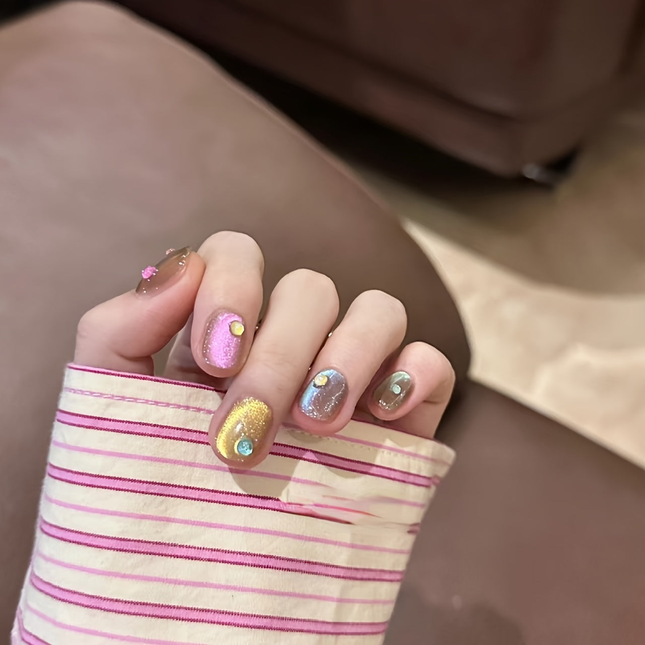 10pcs Handmade Summer Rainbow Mermaid Nail Stickers - High-Quality, Wearable Press-On Nails with Pastel Colors & Sparkling Accents