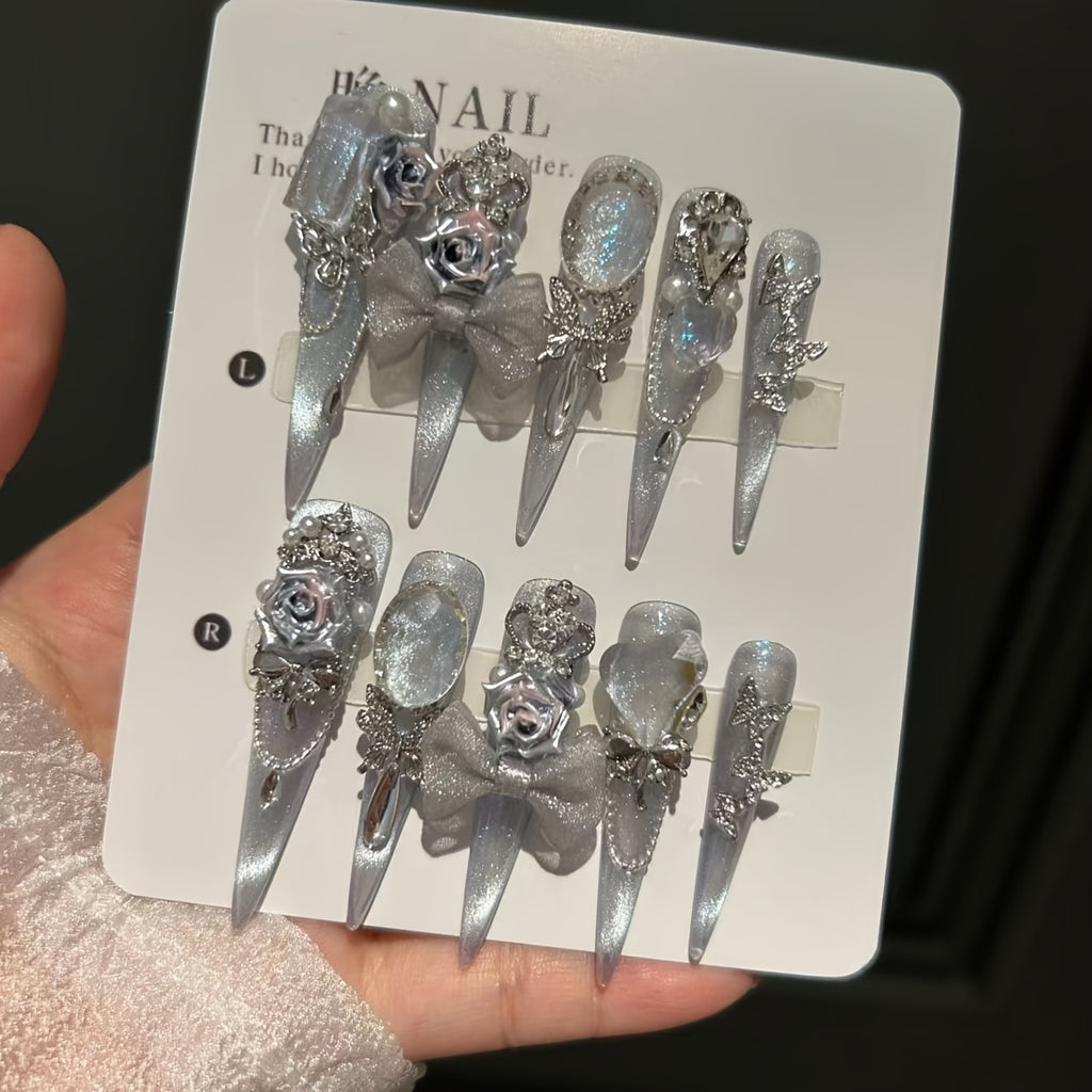 10pcs Elegant White Moon & Rose Rhinestone Bowknot Long Stiletto Press-On Nails - Sparkling Synthetic Gemstones
