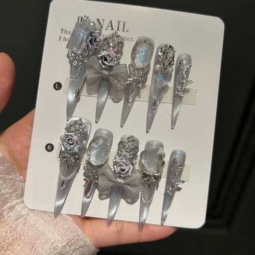 10pcs Elegant White Moon & Rose Rhinestone Bowknot Long Stiletto Press-On Nails - Sparkling Synthetic Gemstones