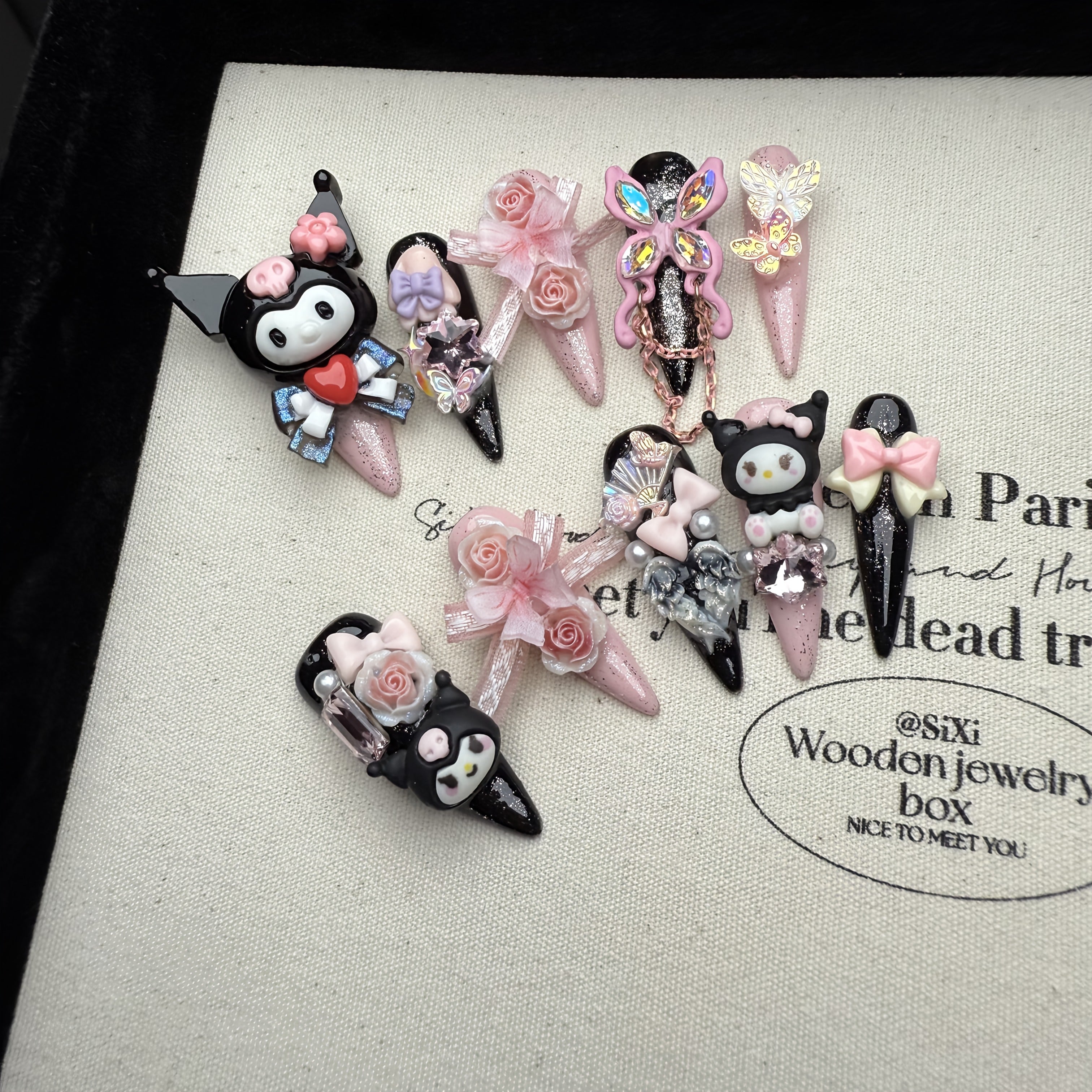 Sanrio New for kuromi 6.0 10pcs of Pure Handmade Wearable Nails, Full of And Flashes, Long Nail Art Fake Nail Patches