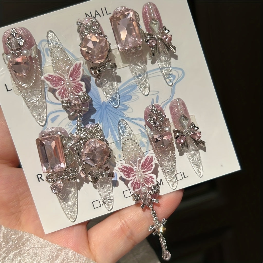 Butterfly Press-On Nails 10pcs Super Long Handmade Press-On Nails | Teardrop Shape, Strobe Finish with Sparkling Butterfly & Floral Patterns