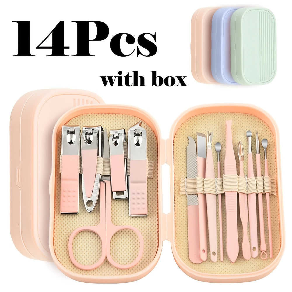 14pcs Deluxe Manicure & Pedicure Set Pink And Blue Stainless Steel Nail Scissors Clippers Ear Digging Spoon Travel Kit Nail Art
