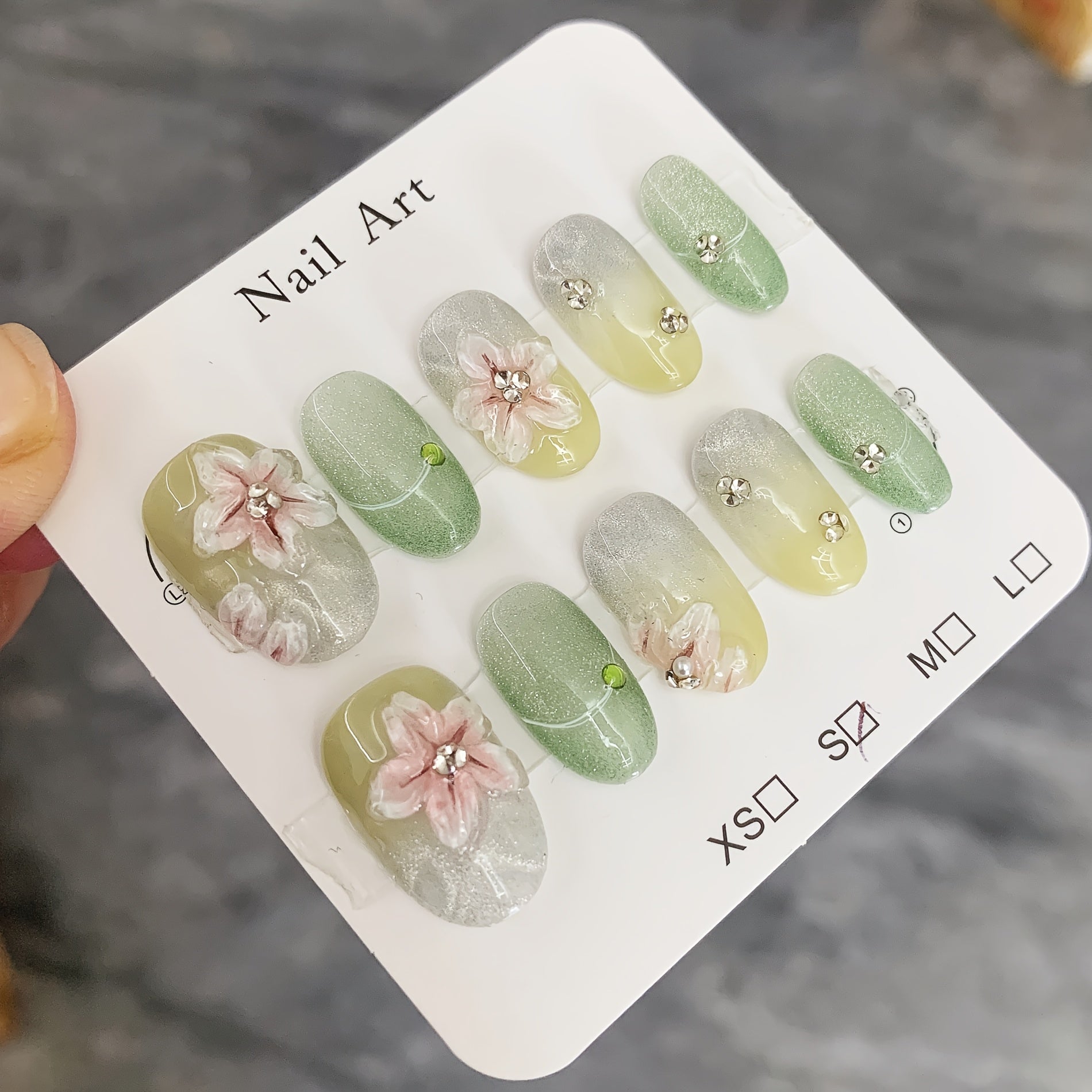 3D Floral Press-On Nails 10pcs Handmade Press-On Nails | Mint Green to Yellow Gradient with 3D Floral Design