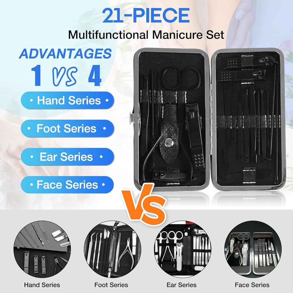 21-in-1 Professional Manicure & Pedicure Set - Heavy-Duty Stainless Steel Nail Clippers Kit with 21 Tools (Foldable, -Like Case)