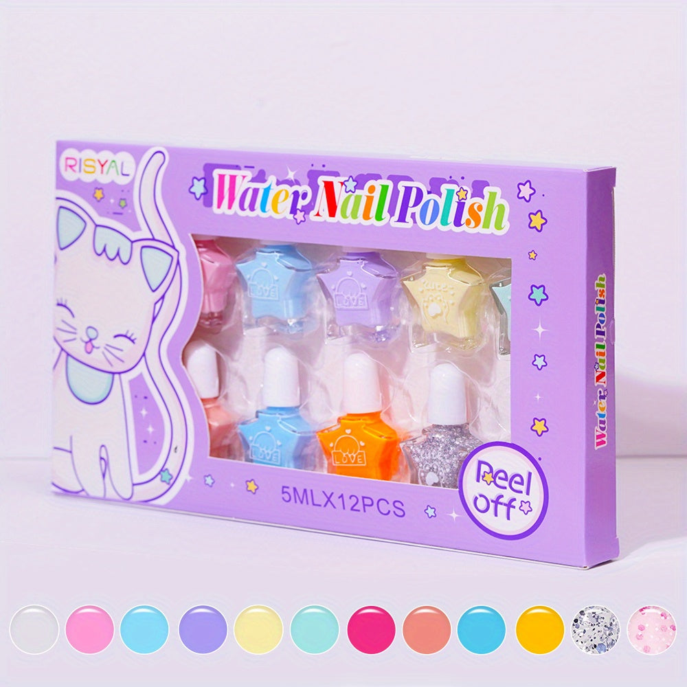 RISYAL 12pcs Wish Star Nail Polish Set - Macaron Candy Colors, Water-Based Removable Gel Polish