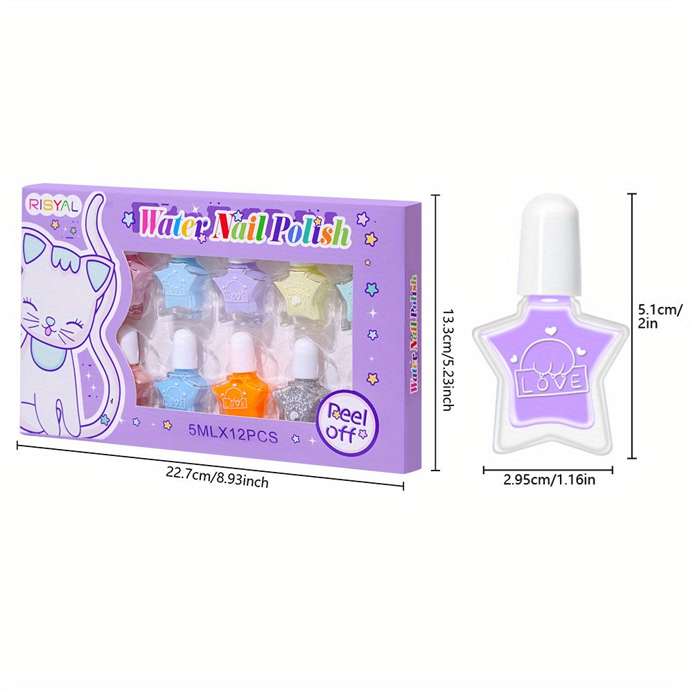 RISYAL 12pcs Wish Star Nail Polish Set - Macaron Candy Colors, Water-Based Removable Gel Polish