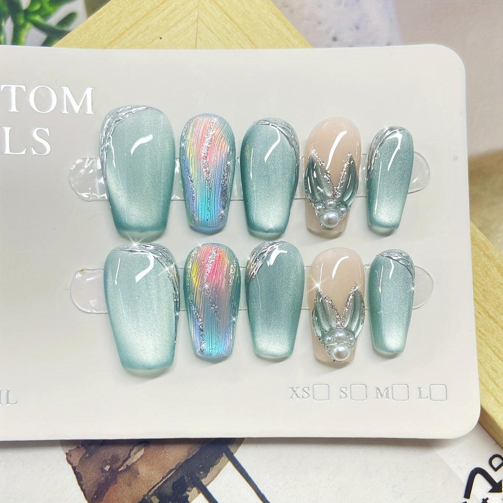 10-Piece Set Short Ballet Press On Nails in Green Tone with Aurora Mermaid Holographic Effect and Pearl Embellishments