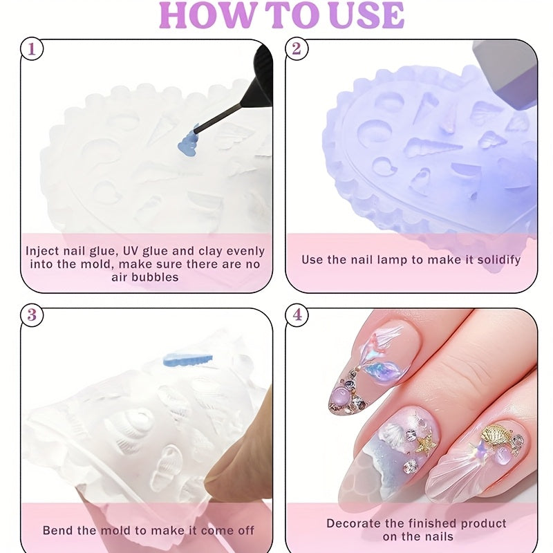 6pcs 3D Nail Art Molds, Clear Ocean Silicone Nail Molds Art Silicone Mold with 103 Sea Charm Resin Seahorse Template Mould