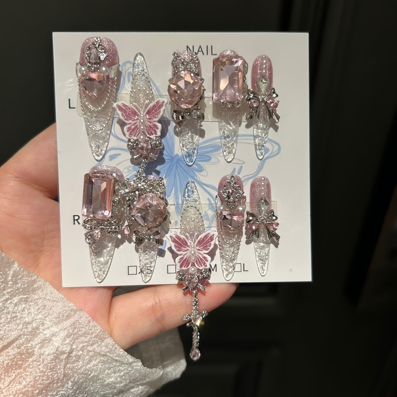 Butterfly Press-On Nails 10pcs Super Long Handmade Press-On Nails | Teardrop Shape, Strobe Finish with Sparkling Butterfly & Floral Patterns