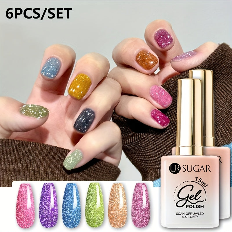 0.51oz UR SUGAR 6pcs Glitter Gel Nail Polish Set - Chunky Glitter Polygel with Iridescent Shimmer, Summer Neon Ice Cream Colors