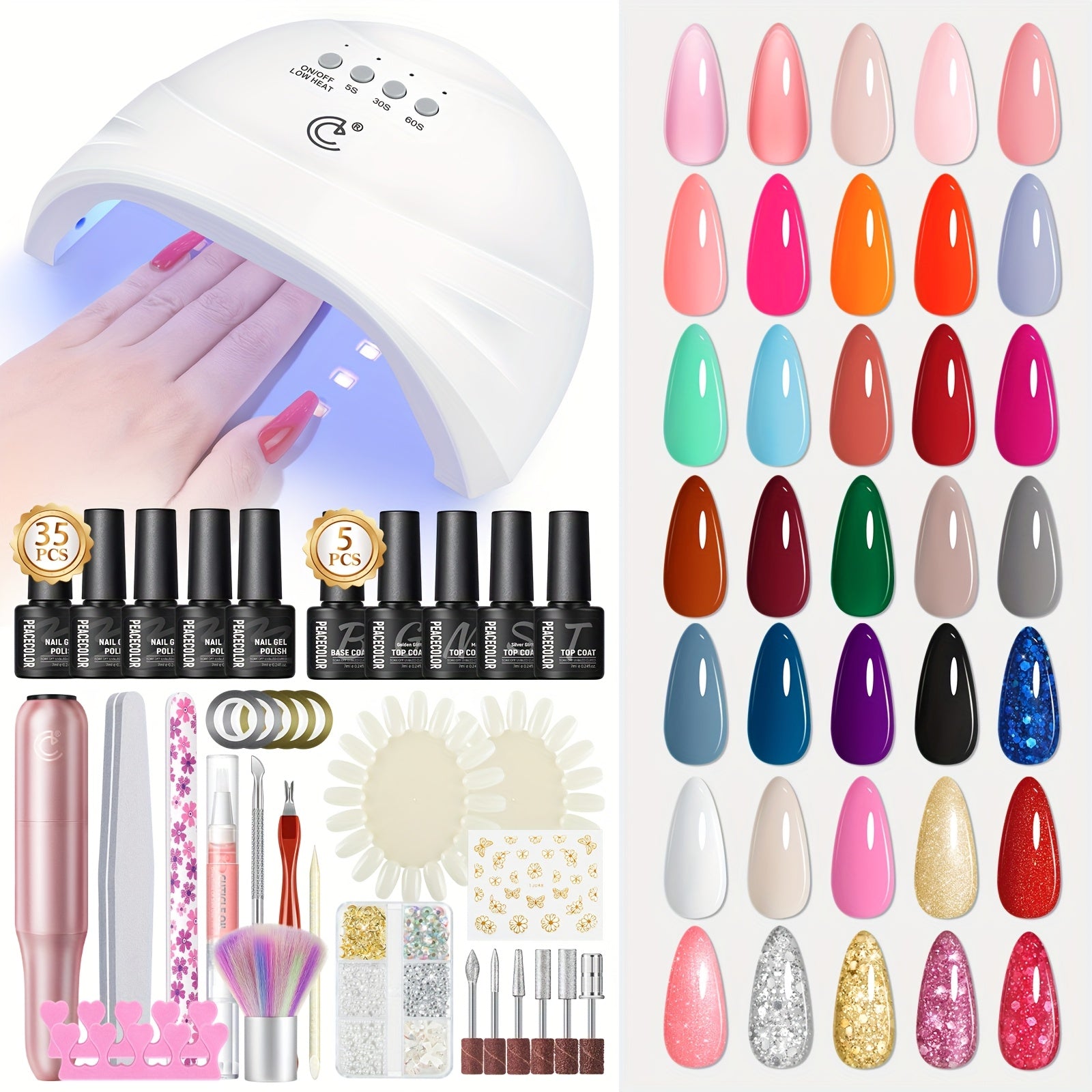 Peacecolor Gel Nail Polish Kit with Nail Dryer Lamp Nail Gel 70pcs Macaron Colors Yellow Purple Glitter Nail Gel Polish with 5pcs Glitter