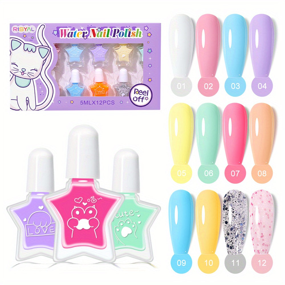 RISYAL 12pcs Wish Star Nail Polish Set - Macaron Candy Colors, Water-Based Removable Gel Polish