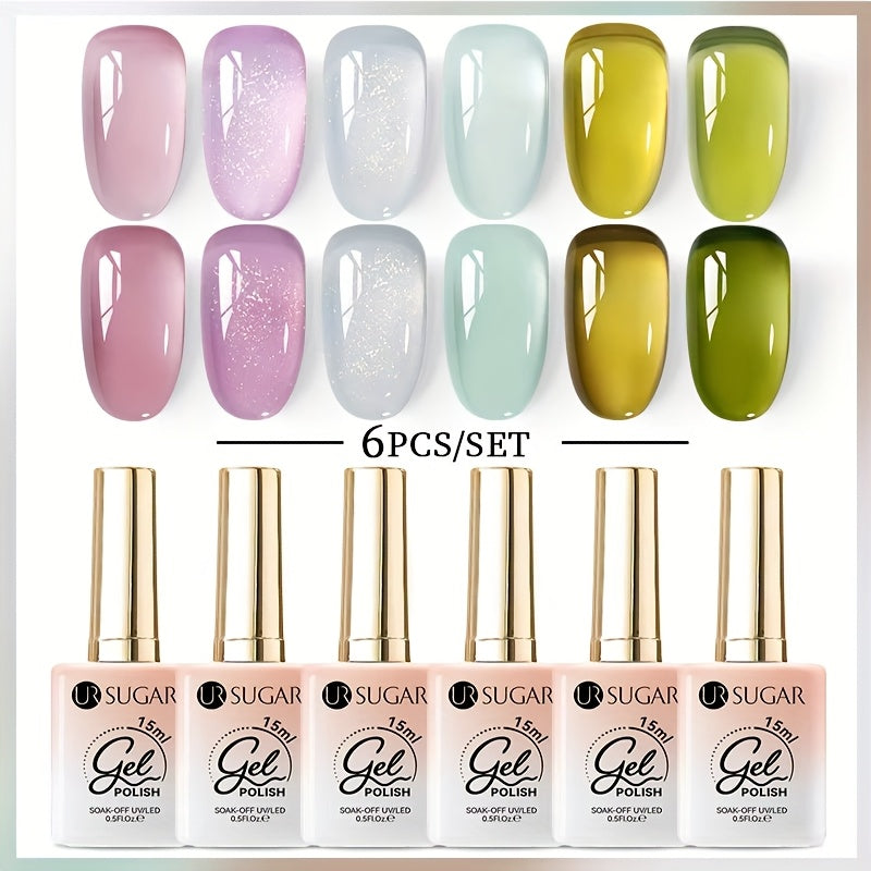 UR SUGAR 6pcs 0.51oz Clear Purple Green Color Jelly Gel Nail Polish Spring Glitter Gel Varnish Soak Off LED Lamp Gel Polish for Home Salon Manicure Nail Art
