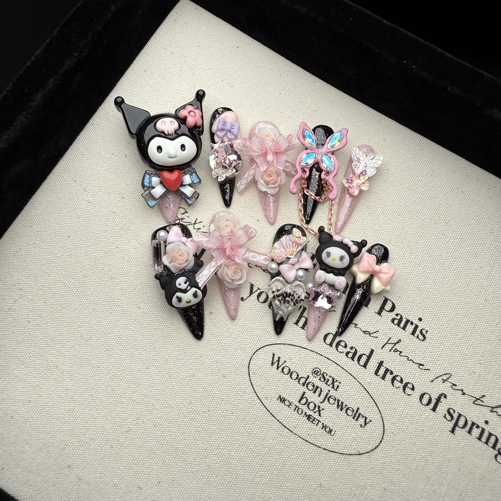 Sanrio New for kuromi 6.0 10pcs of Pure Handmade Wearable Nails, Full of And Flashes, Long Nail Art Fake Nail Patches