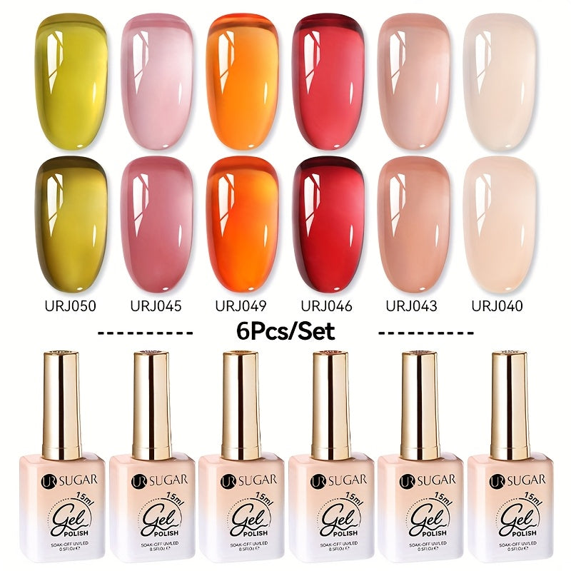 URSUGAR Nude 6-Color Gel Nail Polish Set Alcohol-Free Shimmering Clear Jelly Gel for Manicure DIY Design Perfect for Holiday Gift Nail Art Supplies Nude Nail Polish Jelly Gel Texture Nail Polish Set