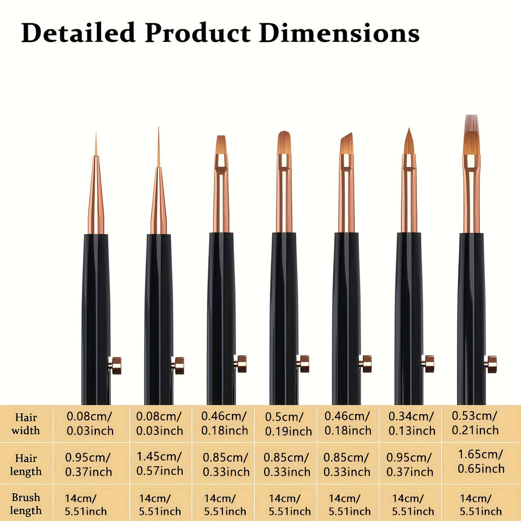 7pcs black spring retractable nail art brush set, detachable and extendable design for easy storage