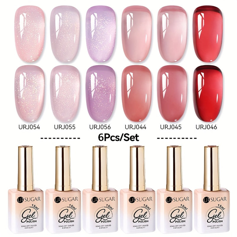 URSUGAR Nude 6-Color Gel Nail Polish Set Alcohol-Free Shimmering Clear Jelly Gel for Manicure DIY Design Perfect for Holiday Gift Nail Art Supplies Nude Nail Polish Jelly Gel Texture Nail Polish Set