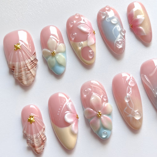 10pcs 3D Handmade Press On Nails Almond Shape - Summer Vacation Floral Design with Pink & Blue Ombre Glossy Finish