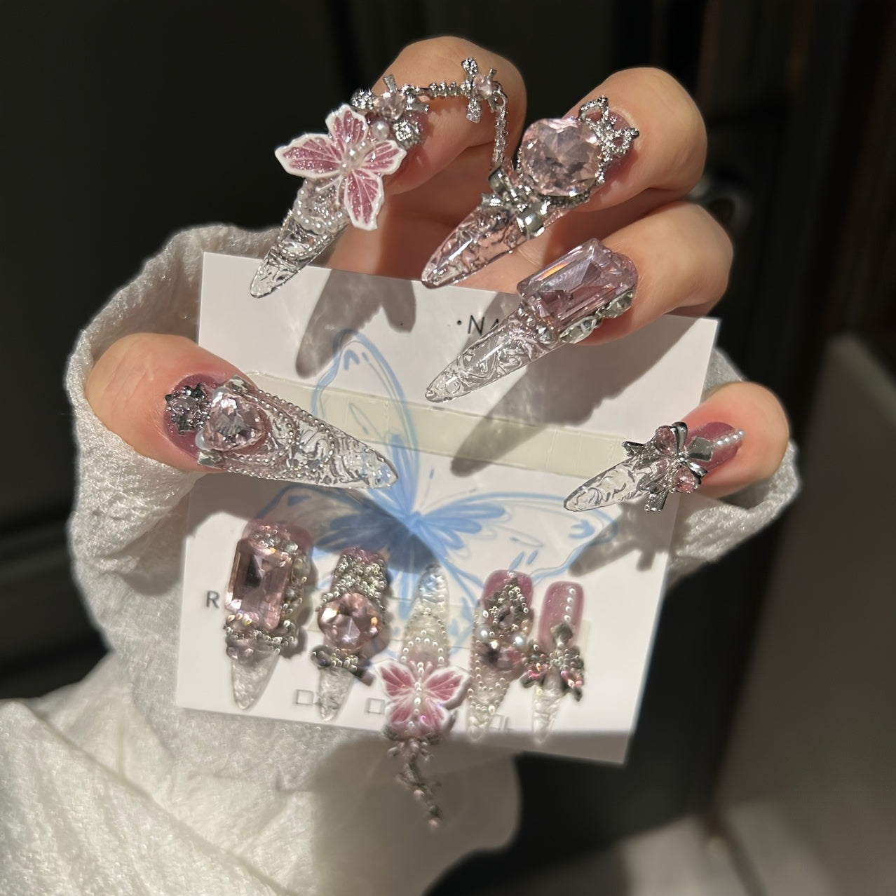 Butterfly Press-On Nails 10pcs Super Long Handmade Press-On Nails | Teardrop Shape, Strobe Finish with Sparkling Butterfly & Floral Patterns