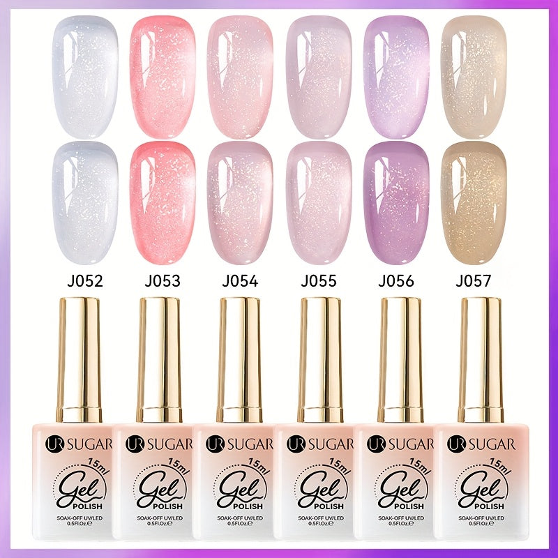 UR SUGAR 0.51oz 6pcs Glitter Jelly Gel Nail Polish Pink Nude Color Gel Varnish Soak Off LED Gel Polish for Home Salon Nail Art