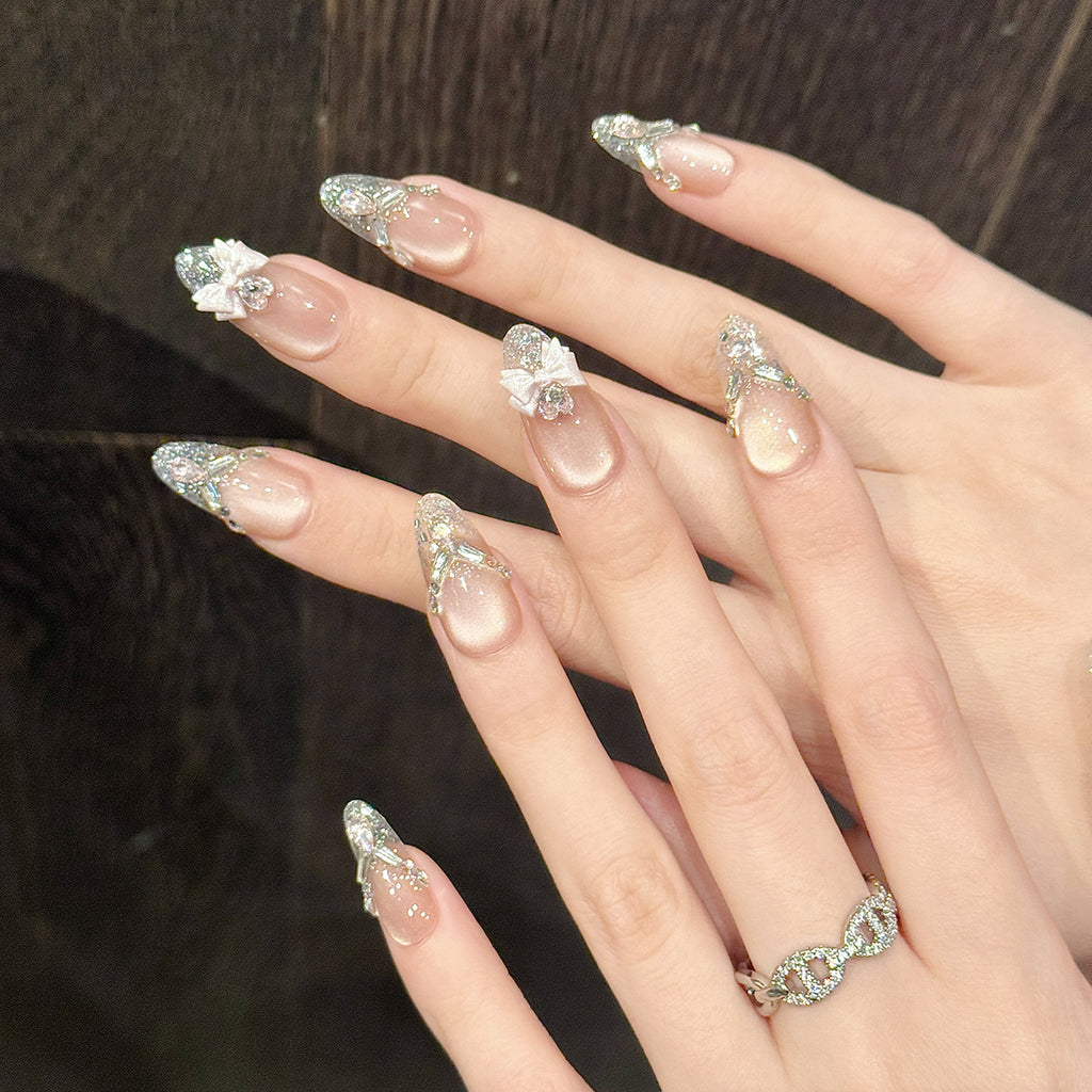 10pcs Handmade False Nail Set 90# Princess Dress Up Bow Diamond Cat'S Eye Shiny Nail Art Medium Oval Cat'S Eye Simple Wearable Nail Art Set Removable Nail Art