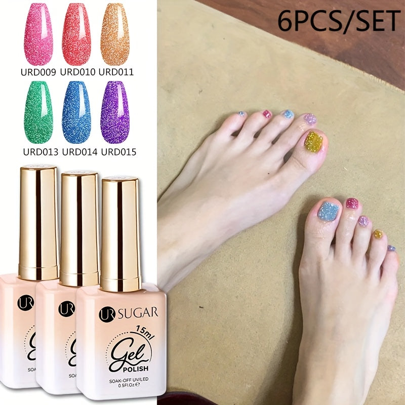 0.51oz UR SUGAR 6pcs Glitter Gel Nail Polish Set - Chunky Glitter Polygel with Iridescent Shimmer, Summer Neon Ice Cream Colors